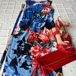 CACHE Midi Floral Print Diamond opening neck line Sheath Stretch Dress SIZE M